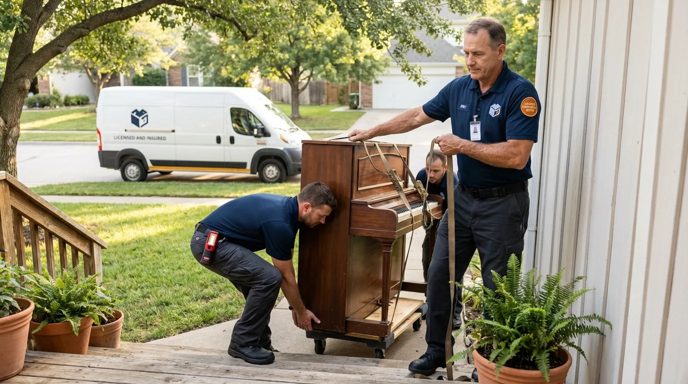 Licensed piano movers securing grand piano in Maroa, IL