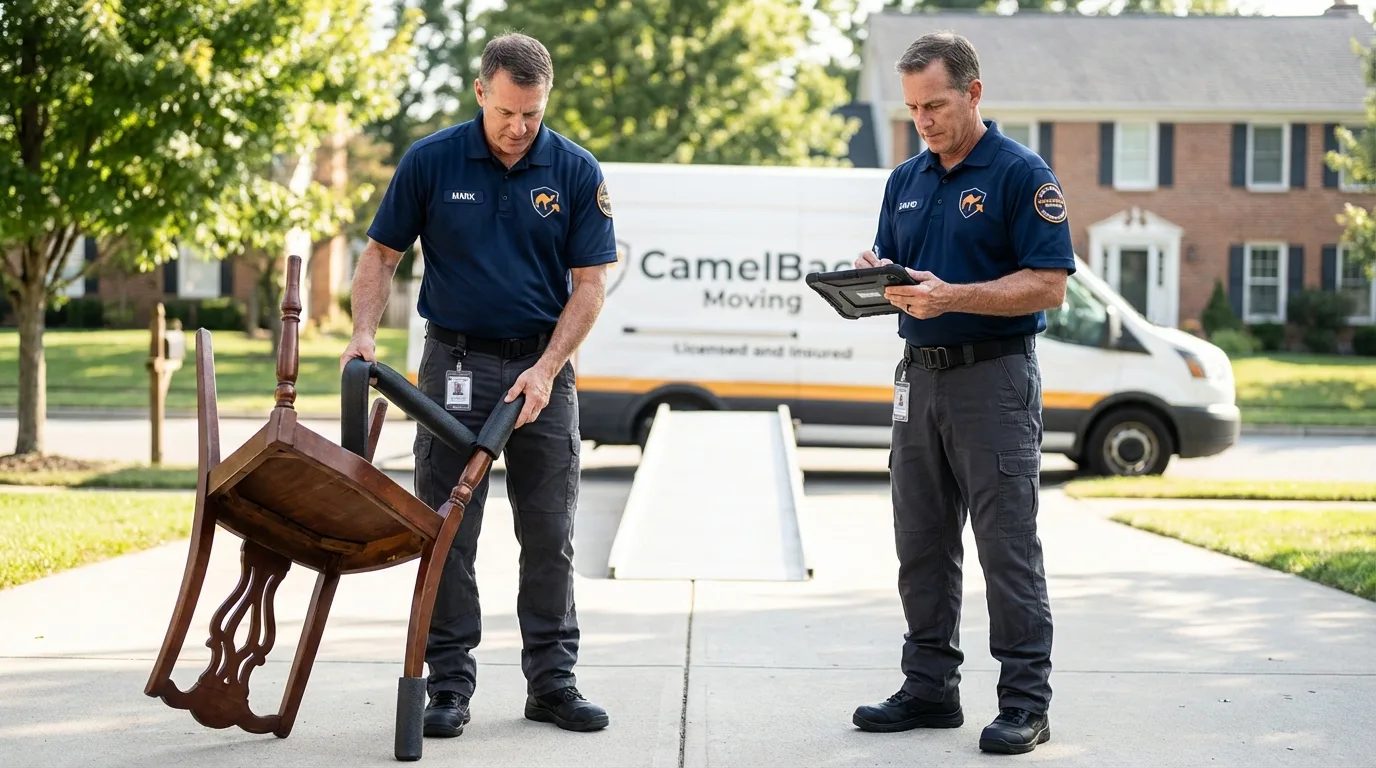 Movers inspecting furniture for damage prevention before loading in Maroa, IL