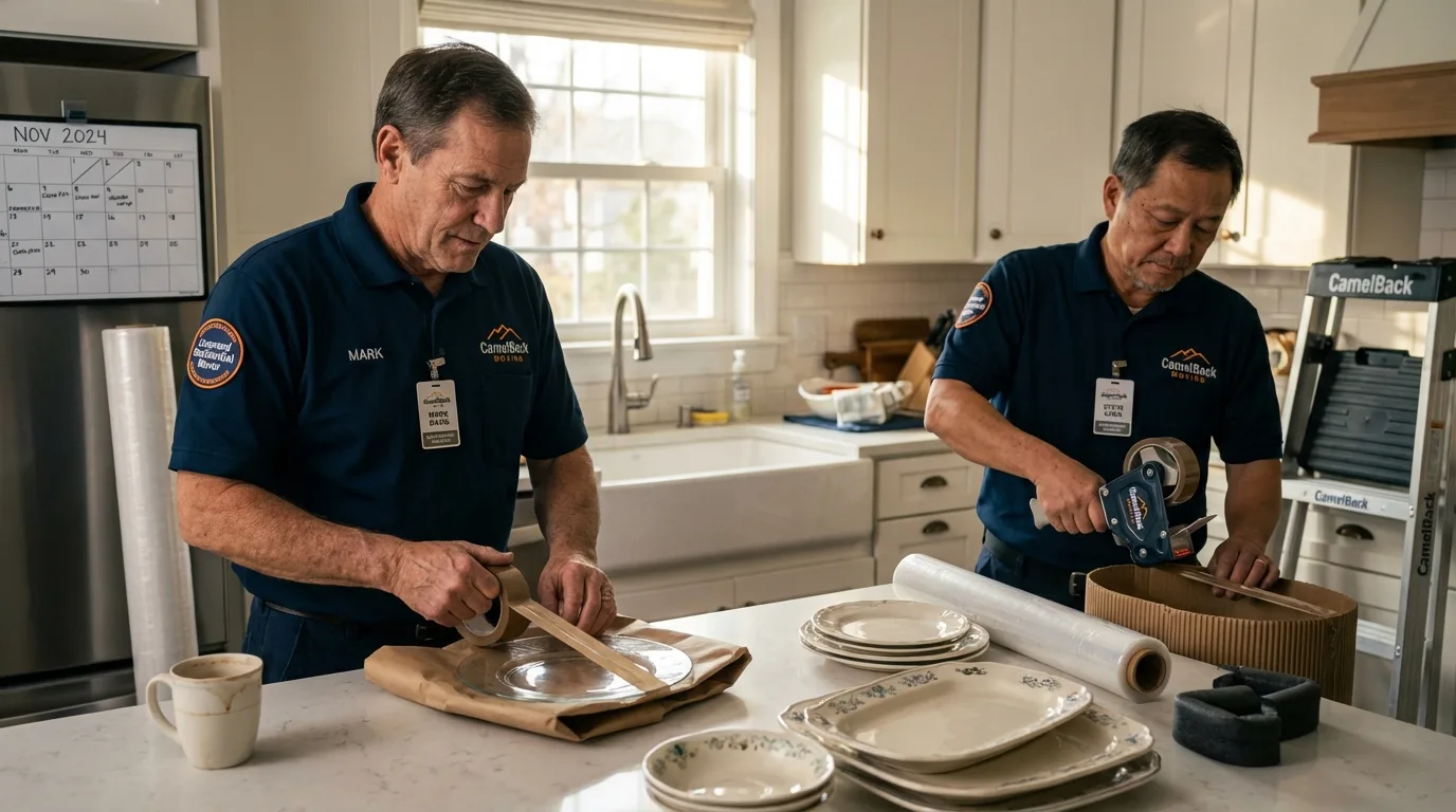 Professional crew packing kitchen dishware in Maroa, IL